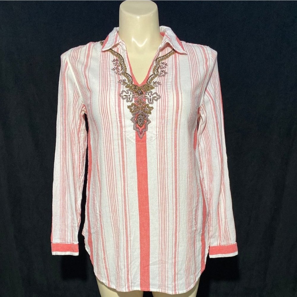 Soft Surroundings M Gauze Tunic Top Embellished‎ White Vintage Red Stripes Work